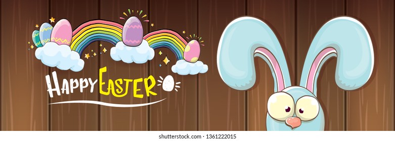 happy easter bunny with calligraphic text, clouds , rainbow and color easter eggs isolated on horizontal banner background. vector easter greeting card with blue rabbits ears. Design elements set 