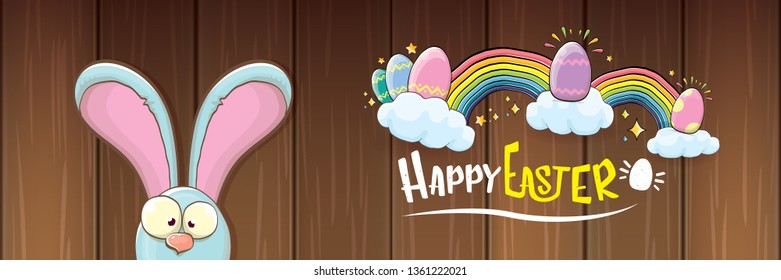 happy easter bunny with calligraphic text, clouds , rainbow and color easter eggs isolated on horizontal banner background. vector easter greeting card with blue rabbits ears. Design elements set 