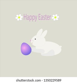 Happy Easter Bunny Card and Colorful Egg, flowers. Vector Color Illustration Greeting