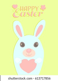Happy Easter bunny card, funny cartoon rabbit holding pink heart