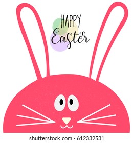 Happy easter Bunny Card.Vector illustration. Pink bunny on a white background and Happy Easter lettering. 