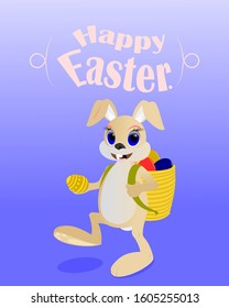 happy easter .Easter bunny carries children colored eggs.Happy vector illustration