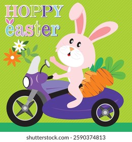 Happy Easter with bunny and carrot on motorcycle