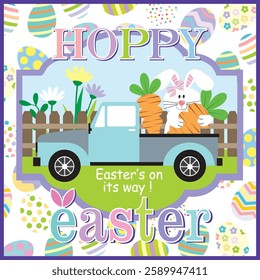 Happy easter with bunny and carrots on the car