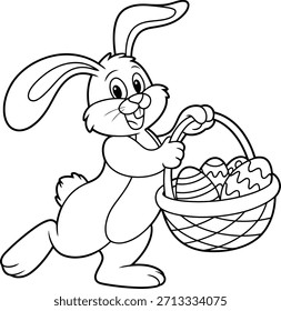 Happy easter bunny carrying basket full of eggs