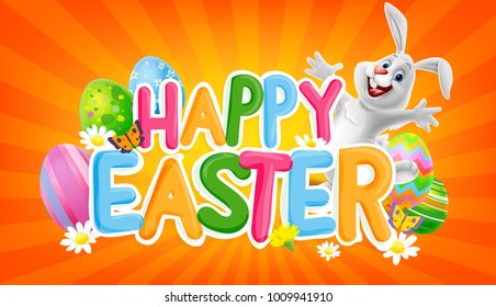 happy easter with bunny cartoon