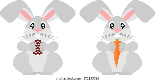 Happy easter bunny cartoon, orange carrot vegetable, vector illustration