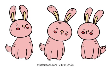 Happy Easter Bunny Cartoon Set - Vector Illustrations of Bunnies in Various Poses for Easter Celebrations.
