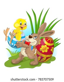 Happy easter bunny and chick