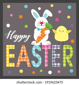 Happy easter, bunny and chick illustration for easter greeting card