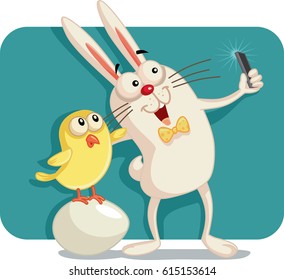 Happy Easter Bunny and Chick Taking a Selfie Together - Drawing of a cute rabbit and baby checking taking a self-portrait