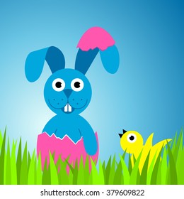 Happy Easter with a bunny and a chick- vector illustration