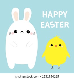 Happy Easter bunny, chicken bird set. White rabbit baby chick head face. Egg shape. Cute cartoon kawaii funny character. Farm animal. Blue pastel background. Flat design. Vector illustration