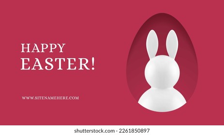 Happy Easter bunny chicken egg portrait 3d banner design template holiday celebration realistic vector illustration. Rabbit with long ears minimal bauble painted eggshell festive congratulations