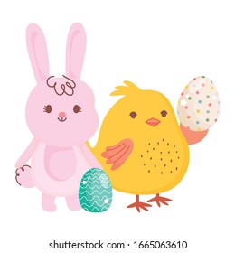 alegre ave conejito de Pascua con huevos adornos caricatura vectorial ilustración