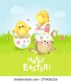 Happy Easter! Easter bunny, chickens and eggs in field. Wide copy space for text.