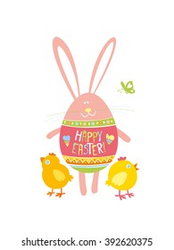 Happy Easter! Easter Bunny and chickens. Greeting card. Vector illustration.
