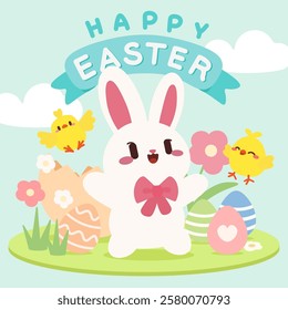 Happy Easter Bunny with Chicks and Colorful Eggs in Spring. Adorable Easter Bunny with Ribbon and Baby Chicks. Cute Easter Scene with Bunny, Chicks, Flowers, and Eggs.