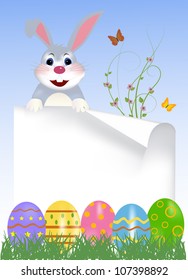Happy easter bunny with colored eggs. Easter card