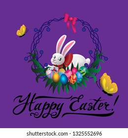 Happy Easter, bunny and colored eggs vector illustration