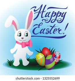 Happy Easter, bunny and colored eggs vector illustration