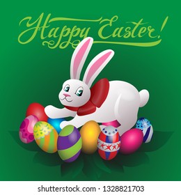 Happy Easter, bunny and colored eggs vector illustration