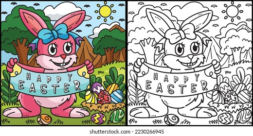 Happy Easter Bunny Coloring Page Illustration