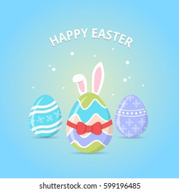 Happy Easter. Easter Bunny coming soon from eggs decorated with red ribbon.Easter greeting card with colorful eggs and bunny ears on blue background. Vector illustration in flat style.