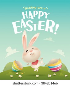 Happy Easter! Easter bunny and cracked egg in field. Wide copy space for text.
