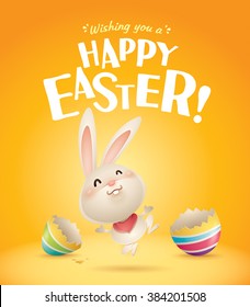 Happy Easter! Easter bunny and cracked egg in in plain background. Wide copy space for text.