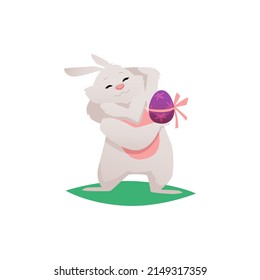 Feliz conejito de Pascua lindo animal peludo con huevo coloreado, ilustración plana vectorial aislada en fondo blanco. Conejo de conejo de Pascua para el diseño de vacaciones de primavera.