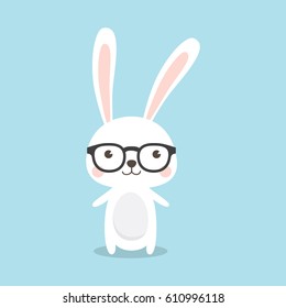 Happy Easter Bunny - A Cute Rabbit Geek character with funny nerd glasses isolated on sky blue background. 
