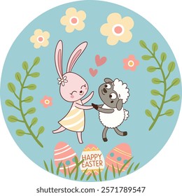 Happy Easter bunny and cute sheep with colorful eggs in a spring field. Vector illustration.
