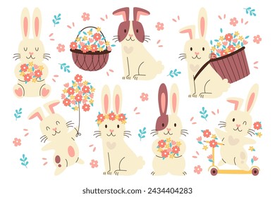 Feliz conejito de Pascua, lindo conejo de vacaciones de primavera sosteniendo ramo de flores en las patas y cestas ilustración vectorial. Divertido elemento de diseño de animal doméstico esponjoso para tarjetas de felicitación de primavera