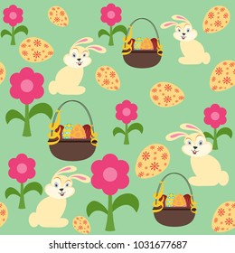 Happy Easter Bunny with Decorative Eggs in Basket and Floral Background