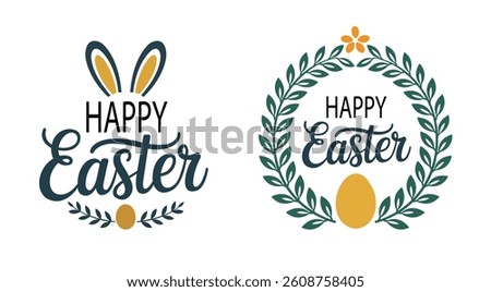 Happy Easter Bunny Design Illustration,Easter Greetings Floral Wreath Artwork,Festive Easter Egg and Leaves,Spring Holiday Happy Easter Artwork.