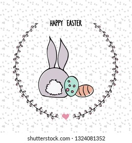 Happy Easter Bunny Doodle on spotty background. Easter card vector illustration.