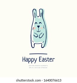 Happy Easter bunny doodle. Vector artwork. Holiday concept for invitation, card, ticket, branding, logo, label, emblem. Coloring book page for adult, children, kids. Seasons Greetings