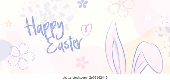 Happy Easter Bunny Ears Pastel Banner. Cute Spring Layout with Heart Detail