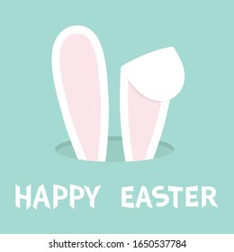 Happy Easter. Bunny ears. Rabbit hole. Hidden head face. Cute cartoon kawaii funny baby character. Farm animal collection. Blue pastel background. Isolated. Flat design. Vector illustration