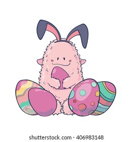Happy Easter | Easter Bunny Ears Vector. Cute Cartoon Monster. Vector illustration. Cartoon and funny monsters cards with place for your text.