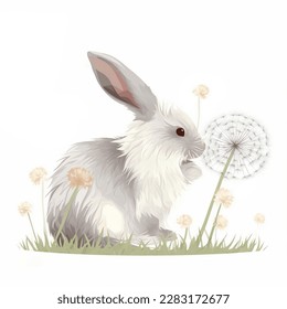 Happy easter bunny with eating a dandelion, easter postcard, hand painted, vintage looking style