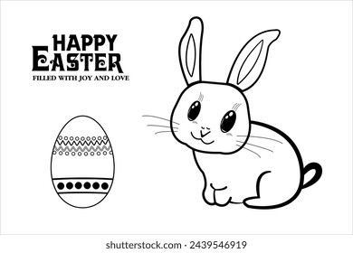 Happy Easter. Easter bunny and egg black and white drawing, line art. Coloring page.