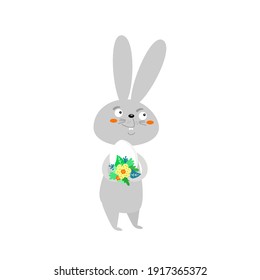 Happy Easter Bunny with egg and bouquet of flowers. Funny cartoon rabbit, friendly character with Easter gift. Vector illustration isolated on white