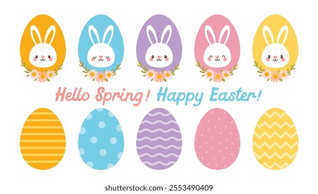 Happy Easter bunny and egg. Cartoon rabbits in egg shape frame. Cute bunnies characters in variety color with flowers for scrapbooking, holiday cards and decor. Vector set.