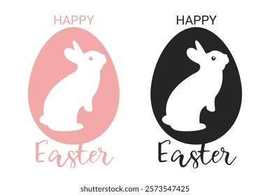 Happy Easter bunny and egg. Cartoon rabbit in egg shape frame. Cute bunnies characters in pink and black color for scrapbooking, holiday cards and decor. Vector set with text