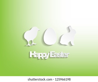 Happy Easter with a bunny, egg and a chicken sticker on a green background.