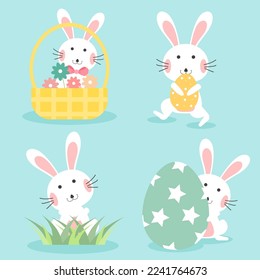 Happy easter with bunny and easter egg collection. Cute rabbit set on background. Vector illustration.