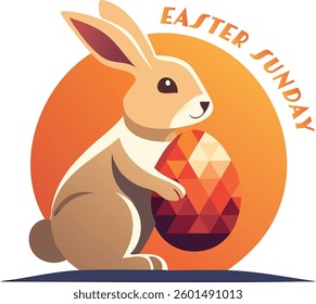 Happy Easter Bunny with Egg. Cute Rabbit Character on egg hunt. Geometric Easter Bunny Vector.