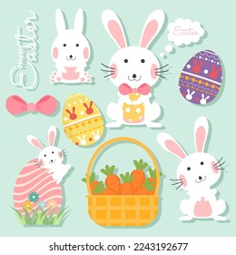 Happy easter with bunny and easter egg elements. Cute rabbit collection background. Vector illustration.